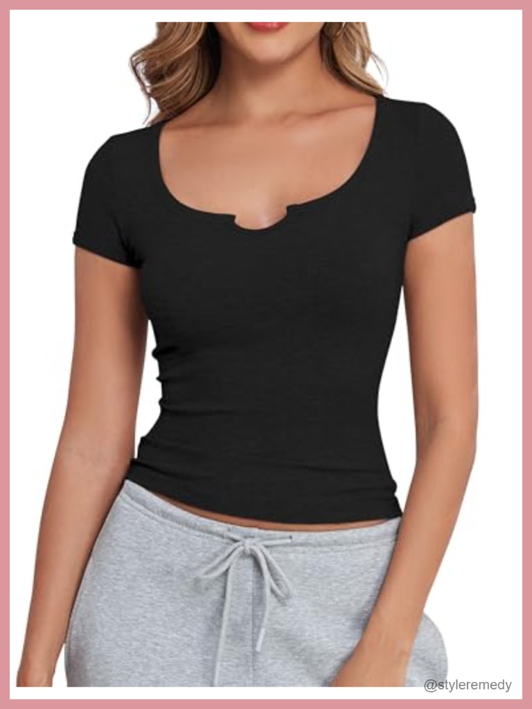 Ribbed Knit V Neck Scoop Neck Crop Top Short Sleeve Form Fitting